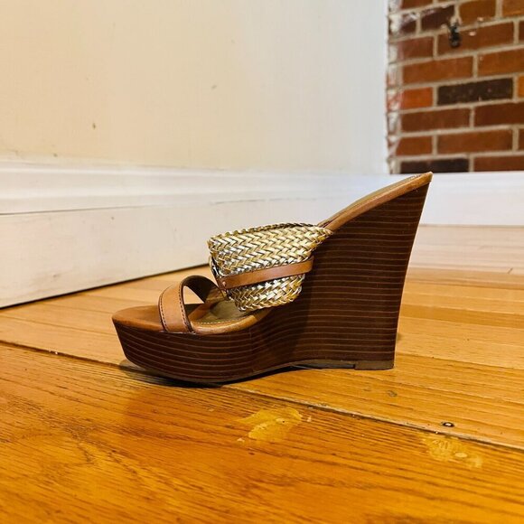 Coach Beatriz Women Sz 6.5 Wedge Heel Platform Sandal Gold Tan Brown Slingback - Picture 16 of 16